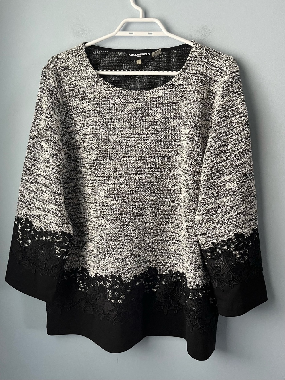 Karl Lagerfeld Marled Grey & White Black Lace-Trim Textured Tunic Sweater Size L